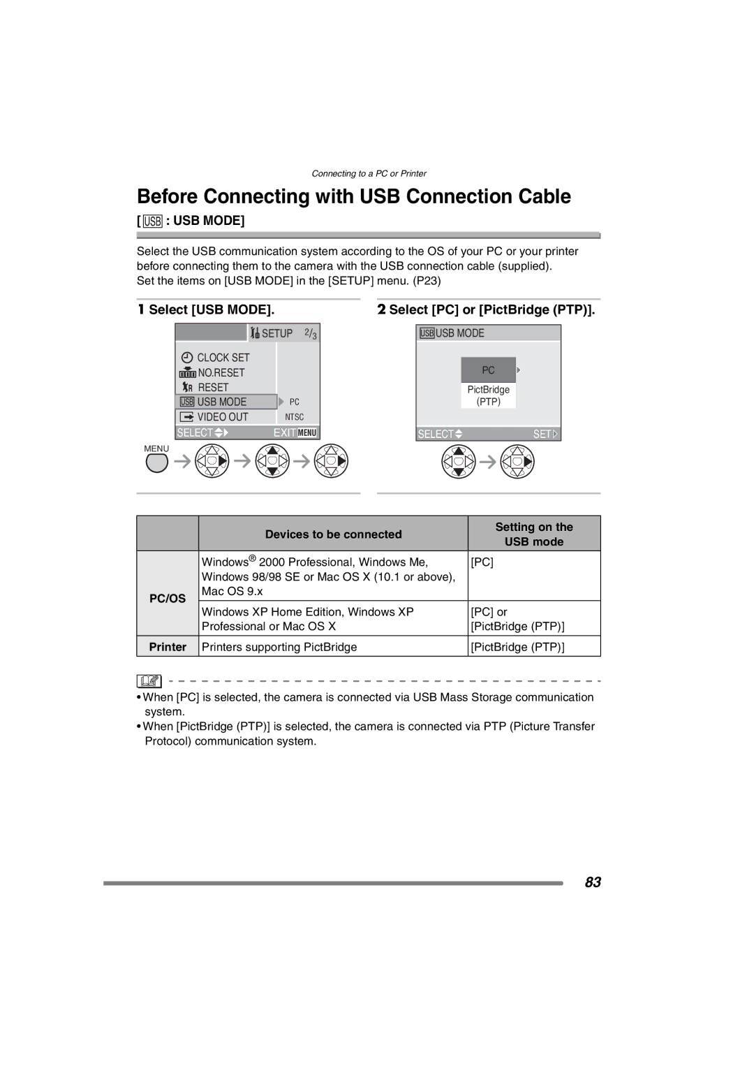 Panasonic DMCFX7, DMC-FX7PP Before Connecting with USB Connection Cable, Select USB Mode, Select PC or PictBridge PTP 