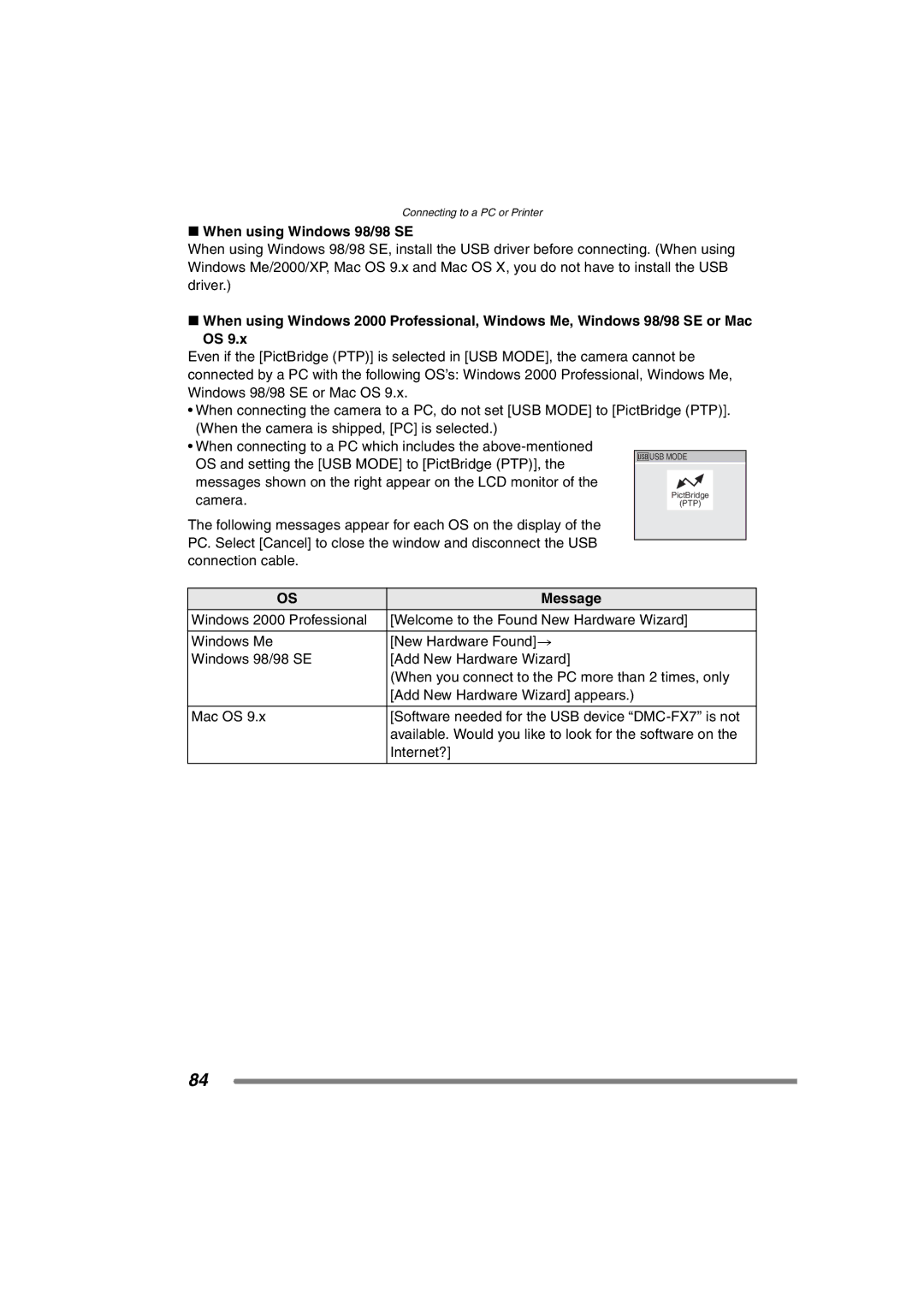 Panasonic DMC-FX7PP, DMCFX7K operating instructions When using Windows 98/98 SE, Message 