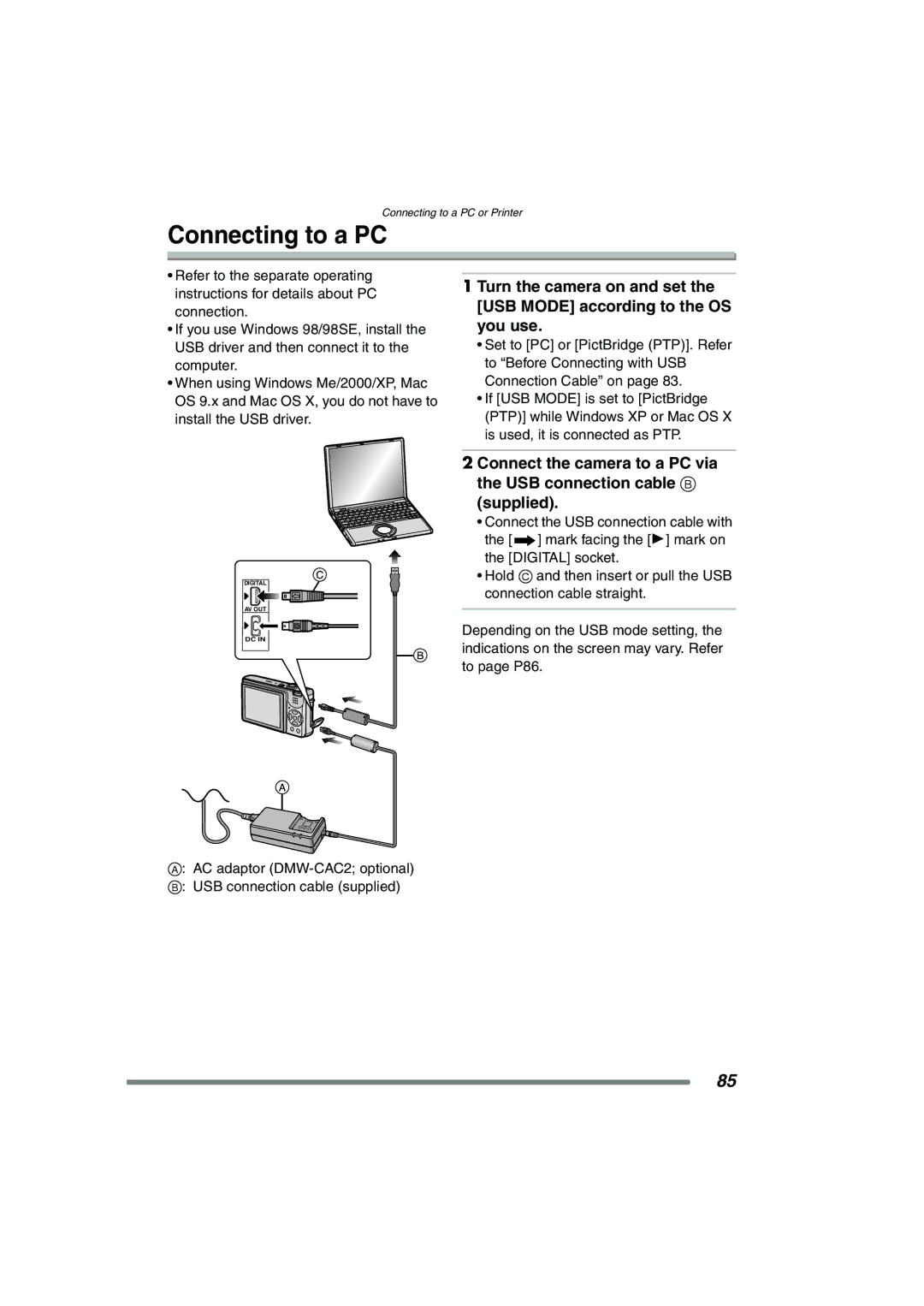 Panasonic DMCFX7K, DMC-FX7PP operating instructions Connecting to a PC 