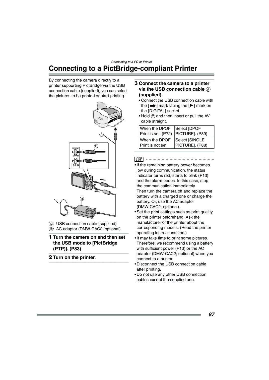 Panasonic DMC-FX7PP, DMCFX7K operating instructions Connecting to a PictBridge-compliant Printer, PICTURE. P89, PICTURE. P88 