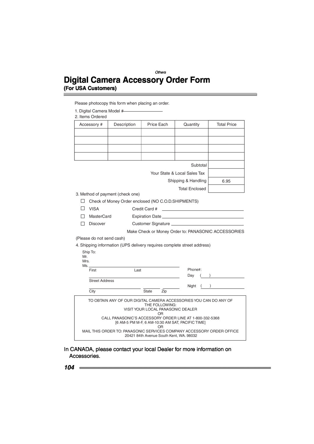 Panasonic DMC-FX7PP, DMCFX7K operating instructions Digital Camera Accessory Order Form, For USA Customers 