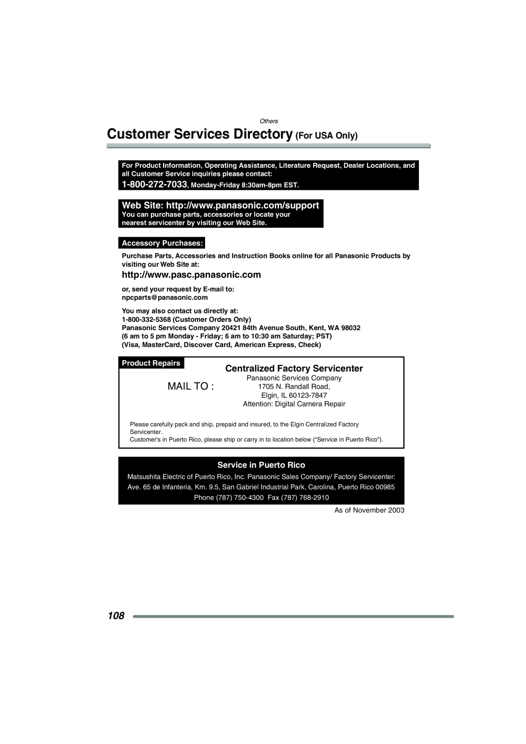 Panasonic DMC-FX7PP Customer Services Directory For USA Only, Mail To, Centralized Factory Servicenter, Product Repairs 