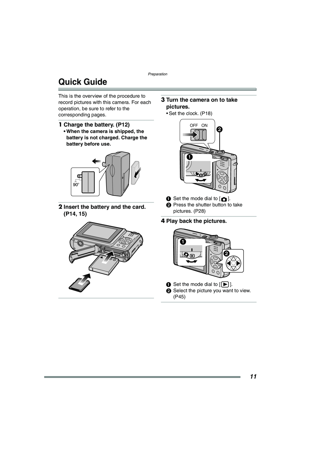 Panasonic DMCFX7 Quick Guide, Charge the battery. P12, Insert the battery and the card. P14, Play back the pictures 