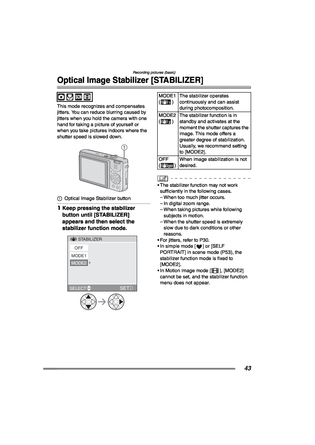 Panasonic DMCFX7K, DMC-FX7PP operating instructions Optical Image Stabilizer STABILIZER, STABILIZER OFF MODE1 