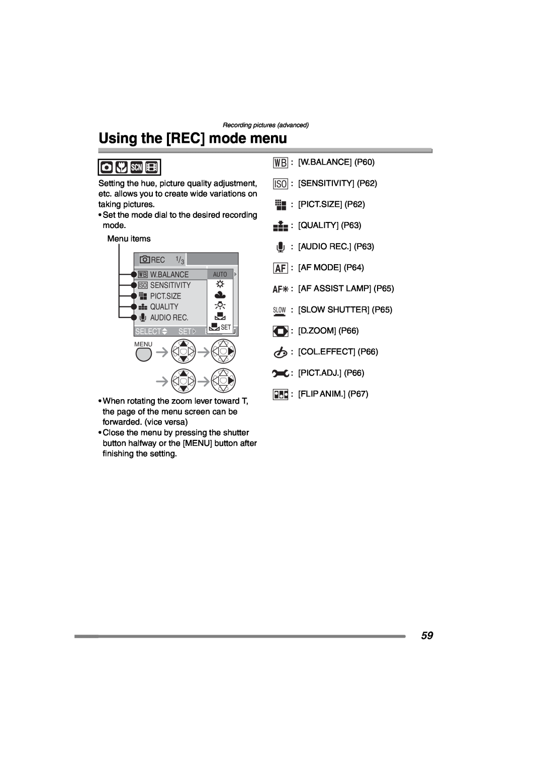 Panasonic DMC-FX7PP, DMCFX7K operating instructions Using the REC mode menu 