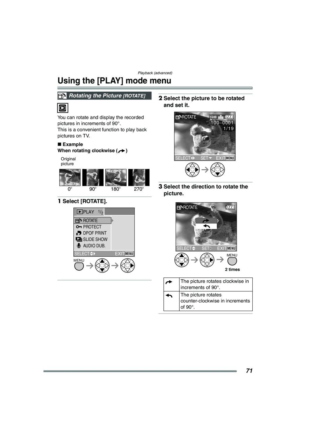 Panasonic DMCFX7 Using the PLAY mode menu, Rotating the Picture ROTATE, Select the picture to be rotated and set it 