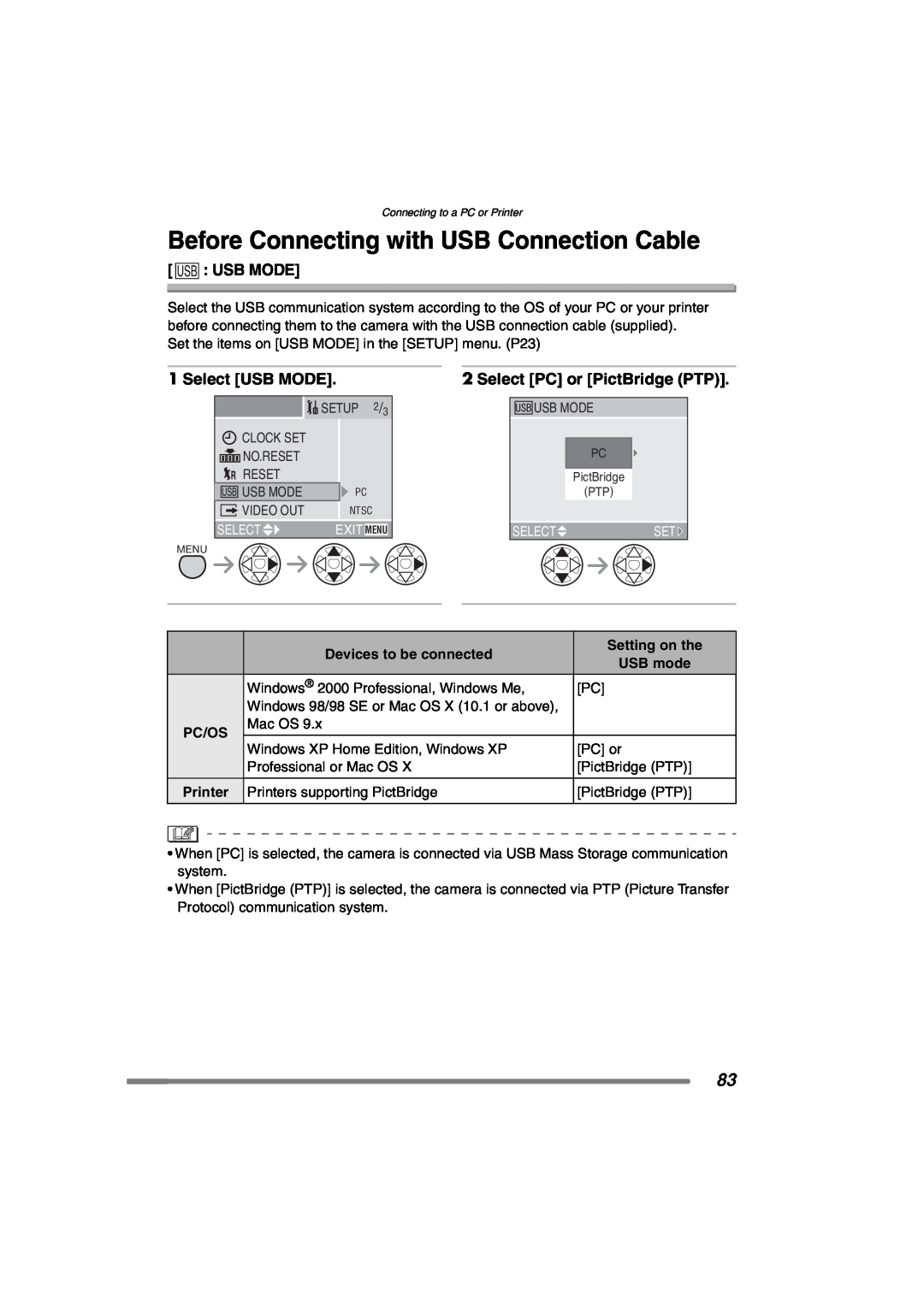Panasonic DMCFX7 Before Connecting with USB Connection Cable, Usb Mode, Select USB MODE, Select PC or PictBridge PTP 