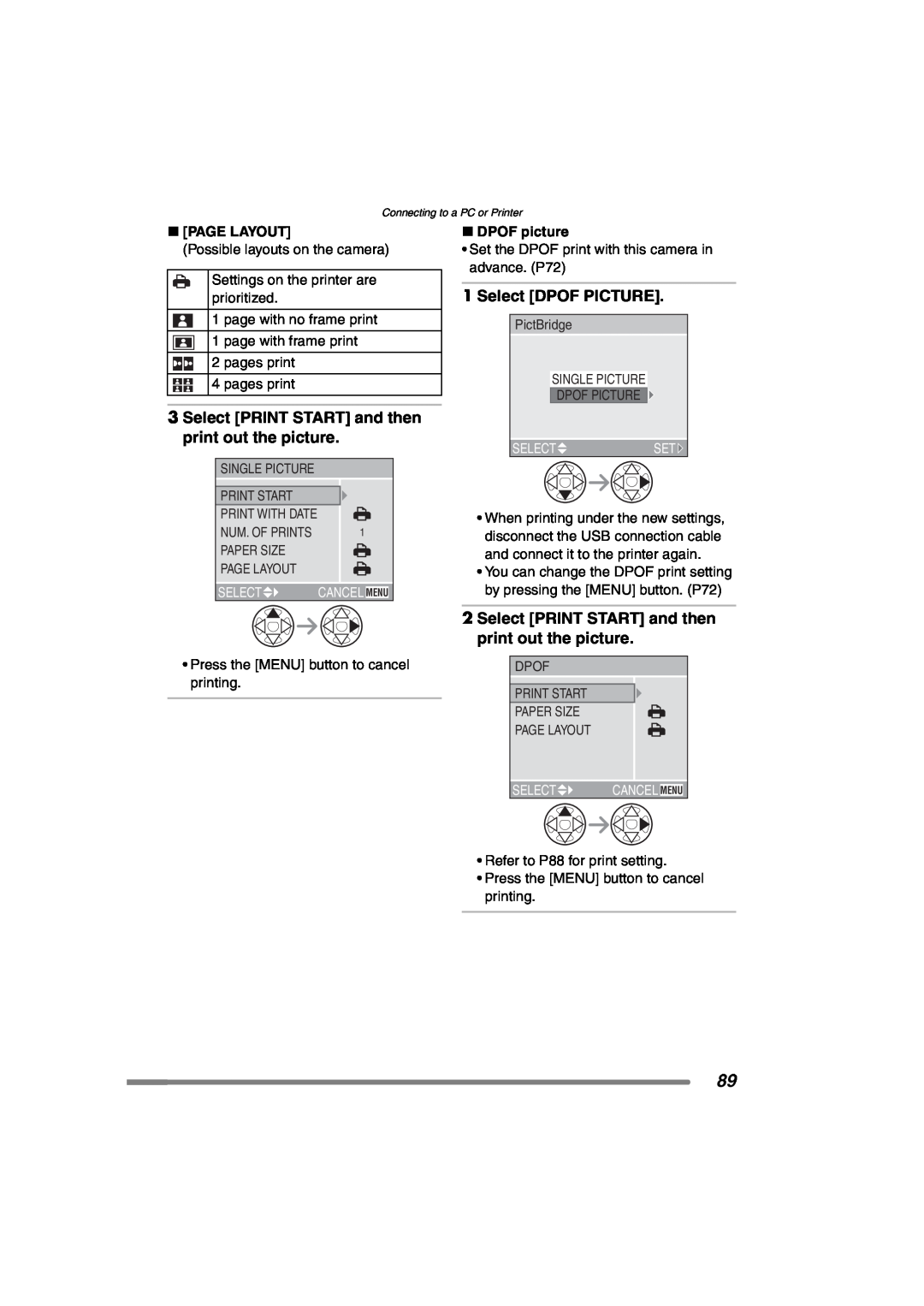Panasonic DMCFX7 Select PRINT START and then print out the picture, Select DPOF PICTURE, ∫ Page Layout, ∫ DPOF picture 