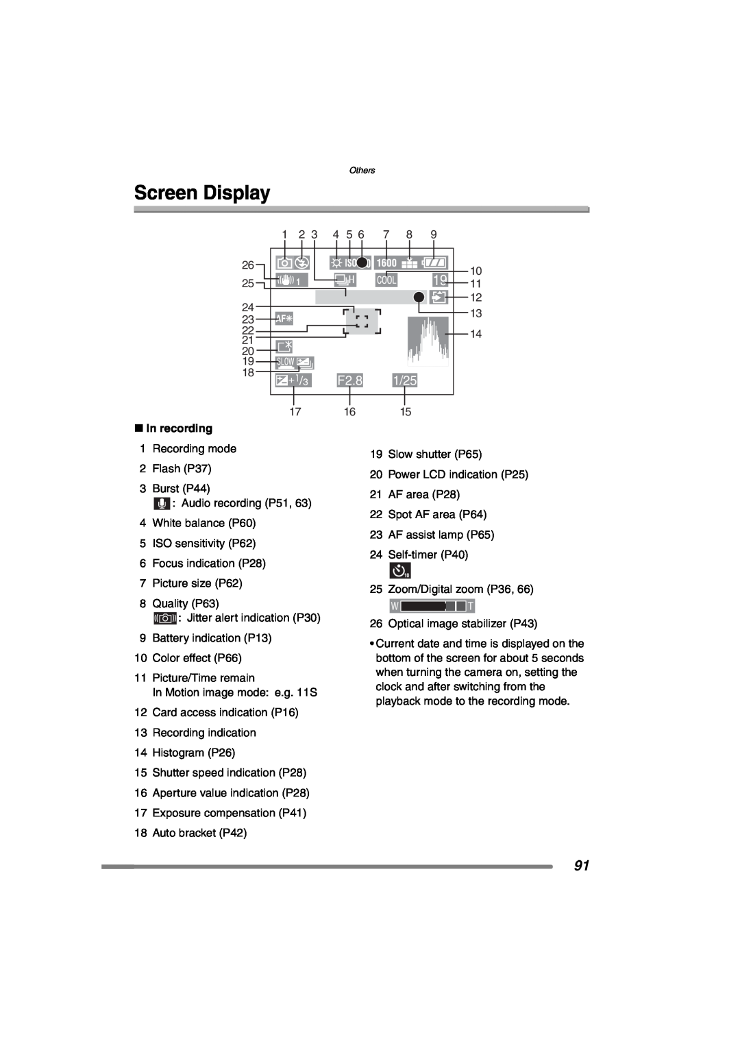 Panasonic DMCFX7K, DMC-FX7PP operating instructions Screen Display, F2.8 1/25, ∫ In recording 