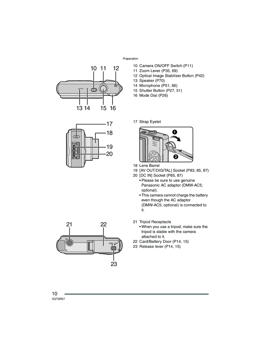 Panasonic DMC-FX8GN Camera ON/OFF Switch P11, Zoom Lever P35, Optical Image Stabilizer Button P42, Speaker P70 