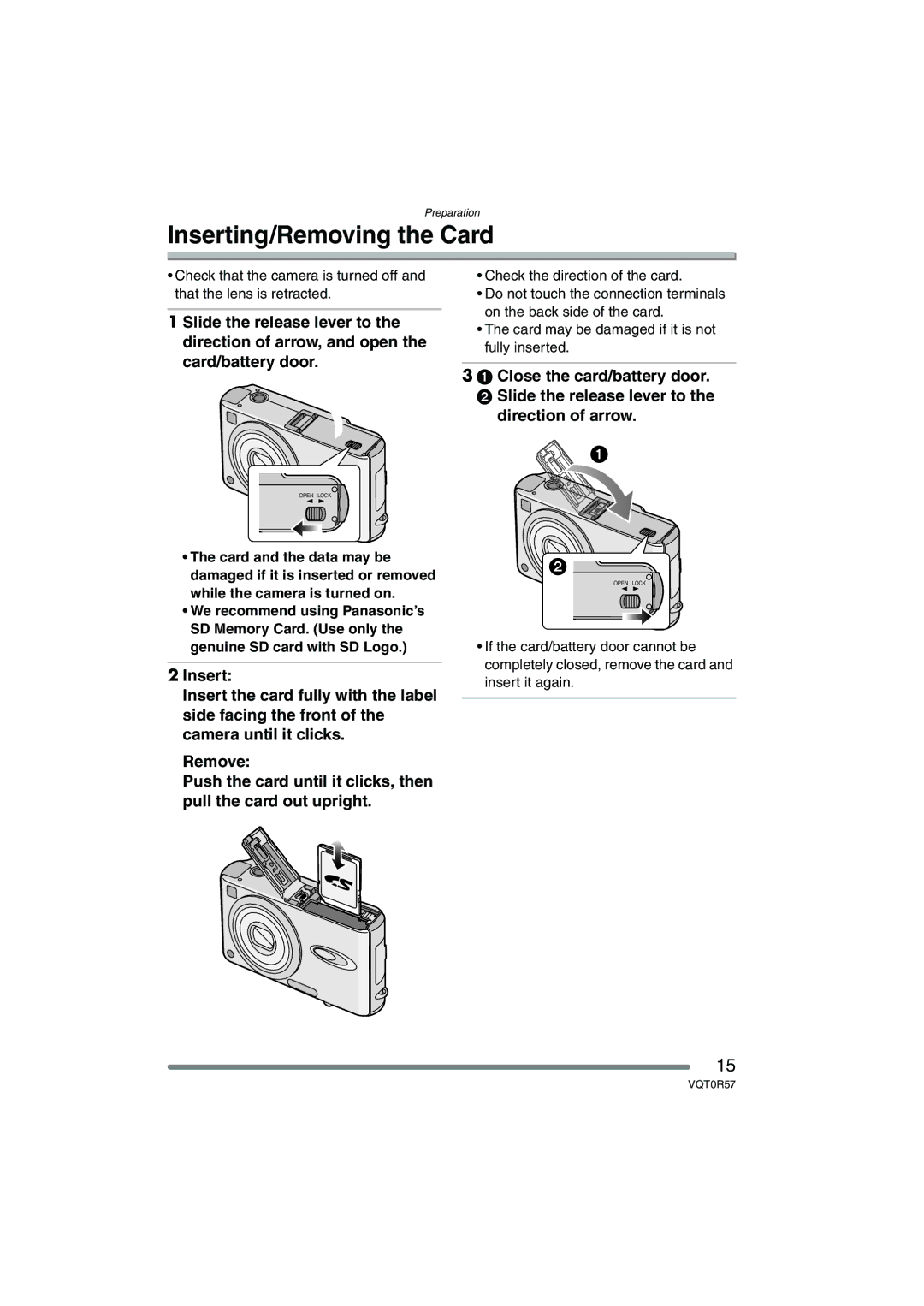 Panasonic DMC-FX8GN operating instructions Inserting/Removing the Card 