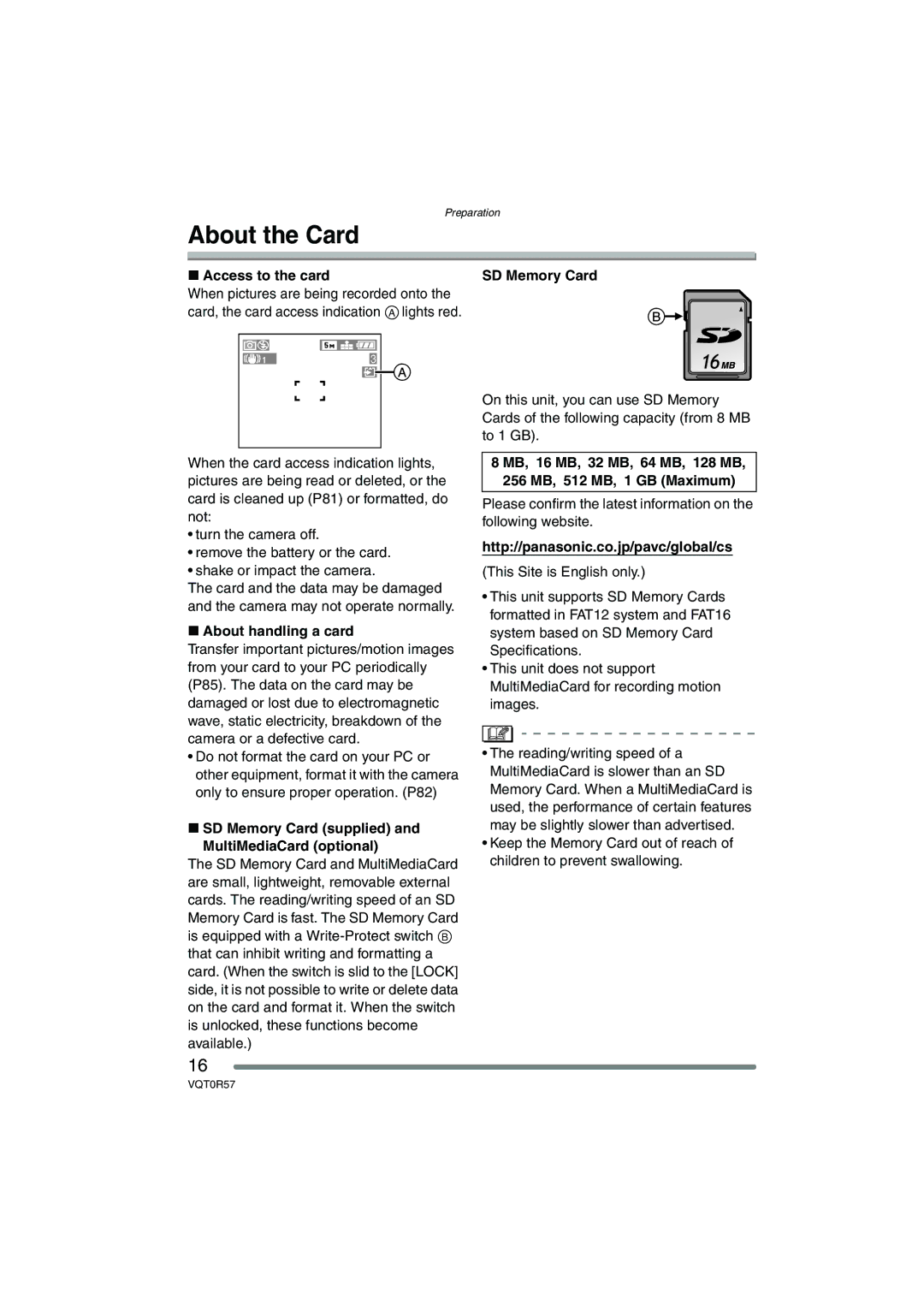 Panasonic DMC-FX8GN About the Card, Access to the card, About handling a card, Http//panasonic.co.jp/pavc/global/cs 