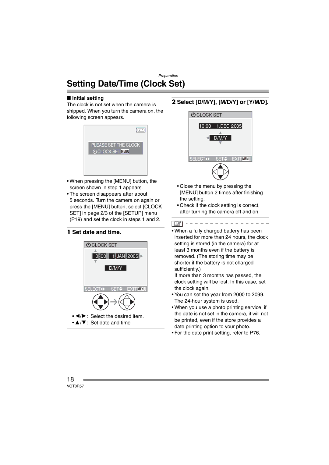 Panasonic DMC-FX8GN Setting Date/Time Clock Set, Select D/M/Y, M/D/Y or Y/M/D, Set date and time, Initial setting 