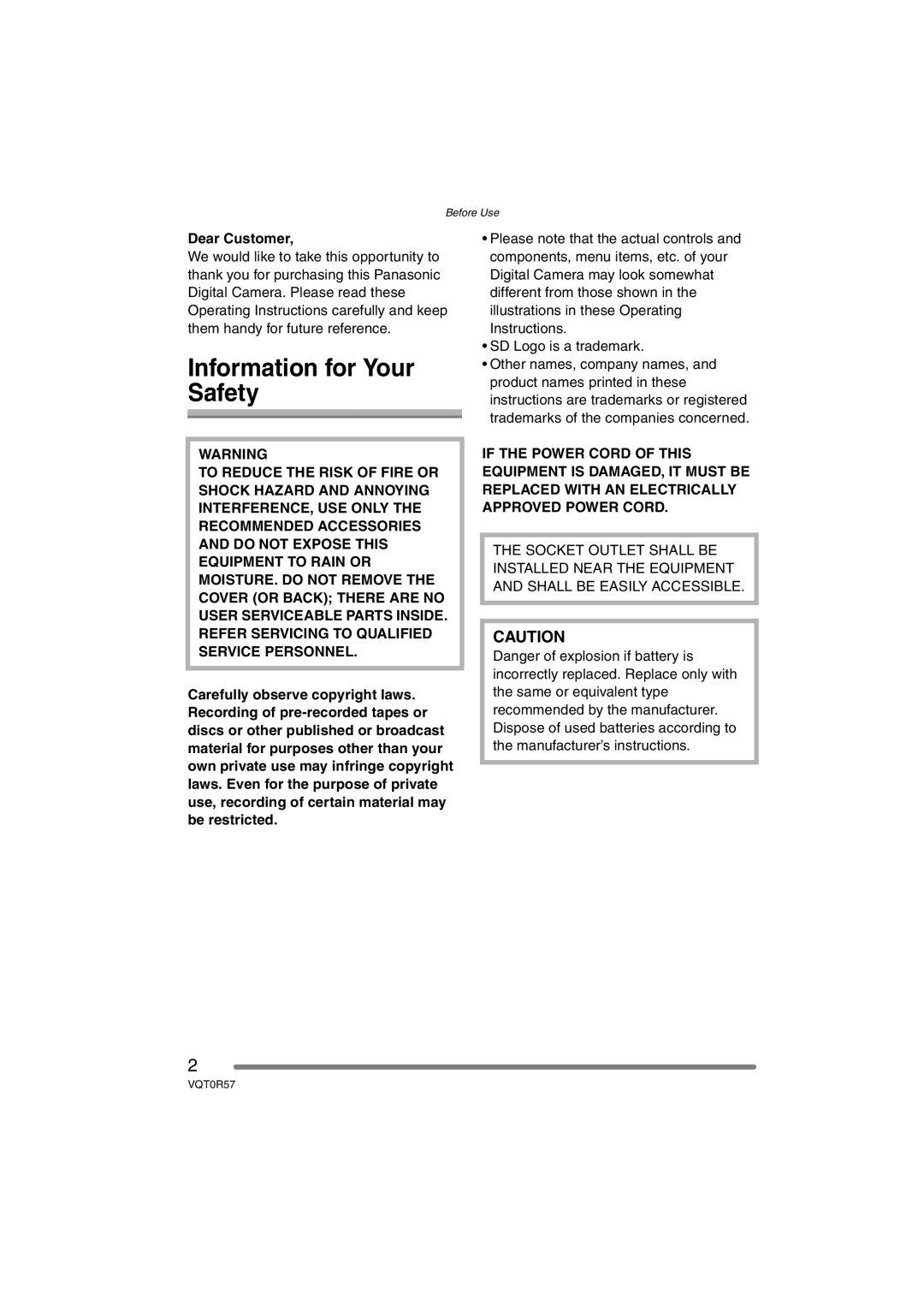 Panasonic DMC-FX8GN operating instructions Information for Your Safety, Dear Customer 