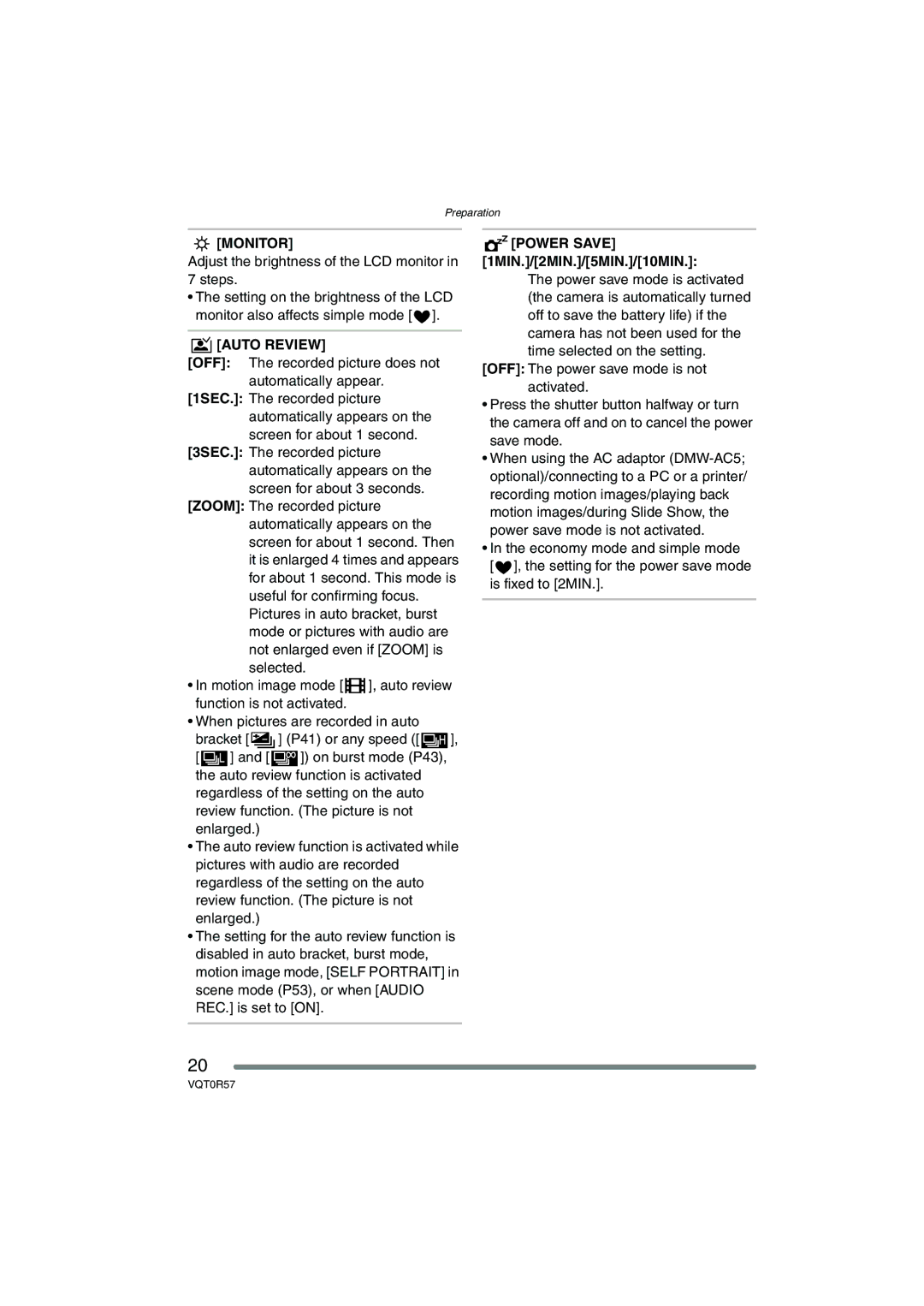 Panasonic DMC-FX8GN operating instructions Monitor, Auto Review, Power Save 1MIN./2MIN./5MIN./10MIN 