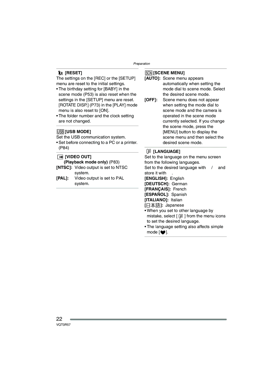 Panasonic DMC-FX8GN operating instructions Reset, Video OUT, Scene Menu, Language 