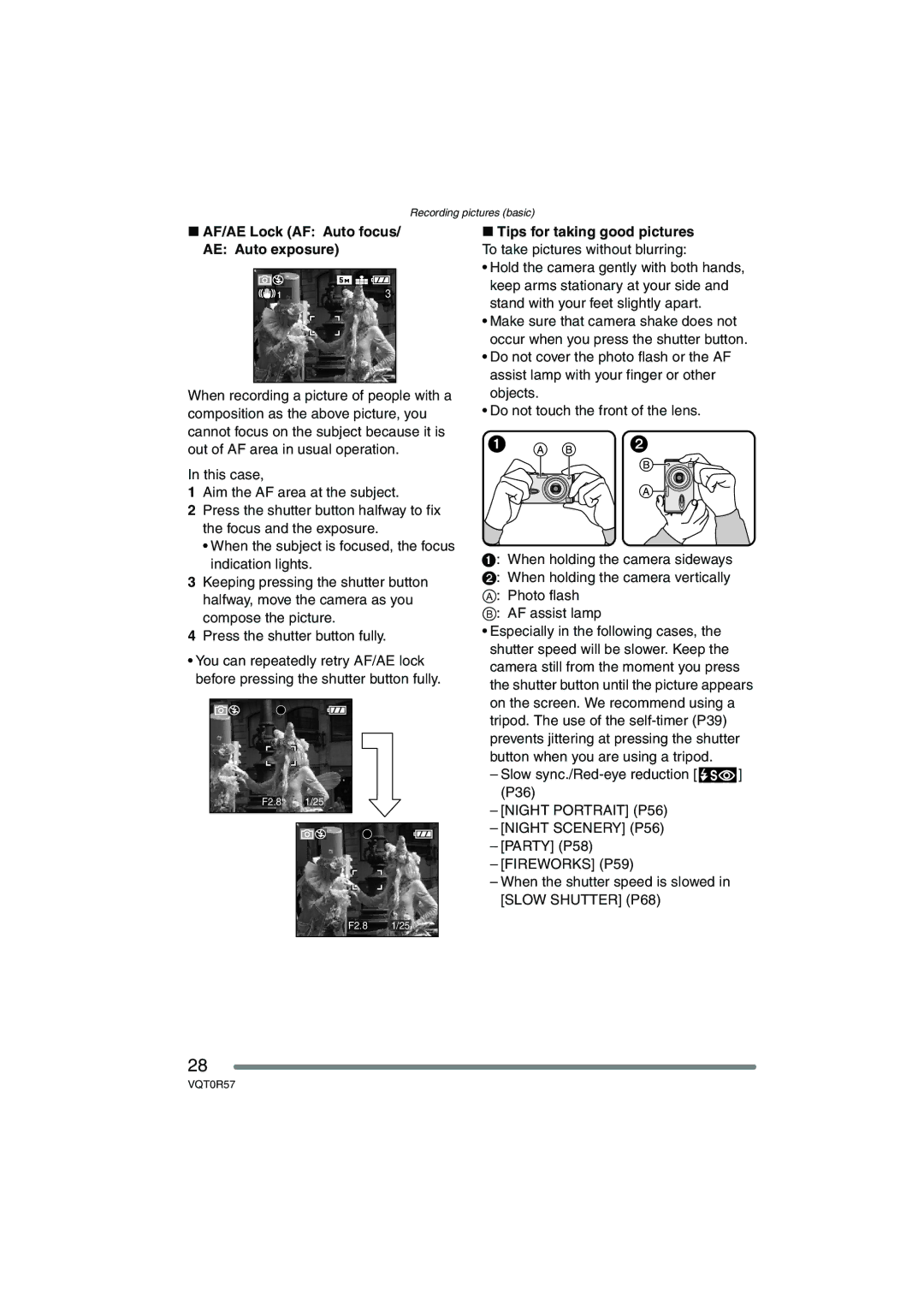 Panasonic DMC-FX8GN AF/AE Lock AF Auto focus AE Auto exposure, Slow sync./Red-eye reduction P36, Party P58 