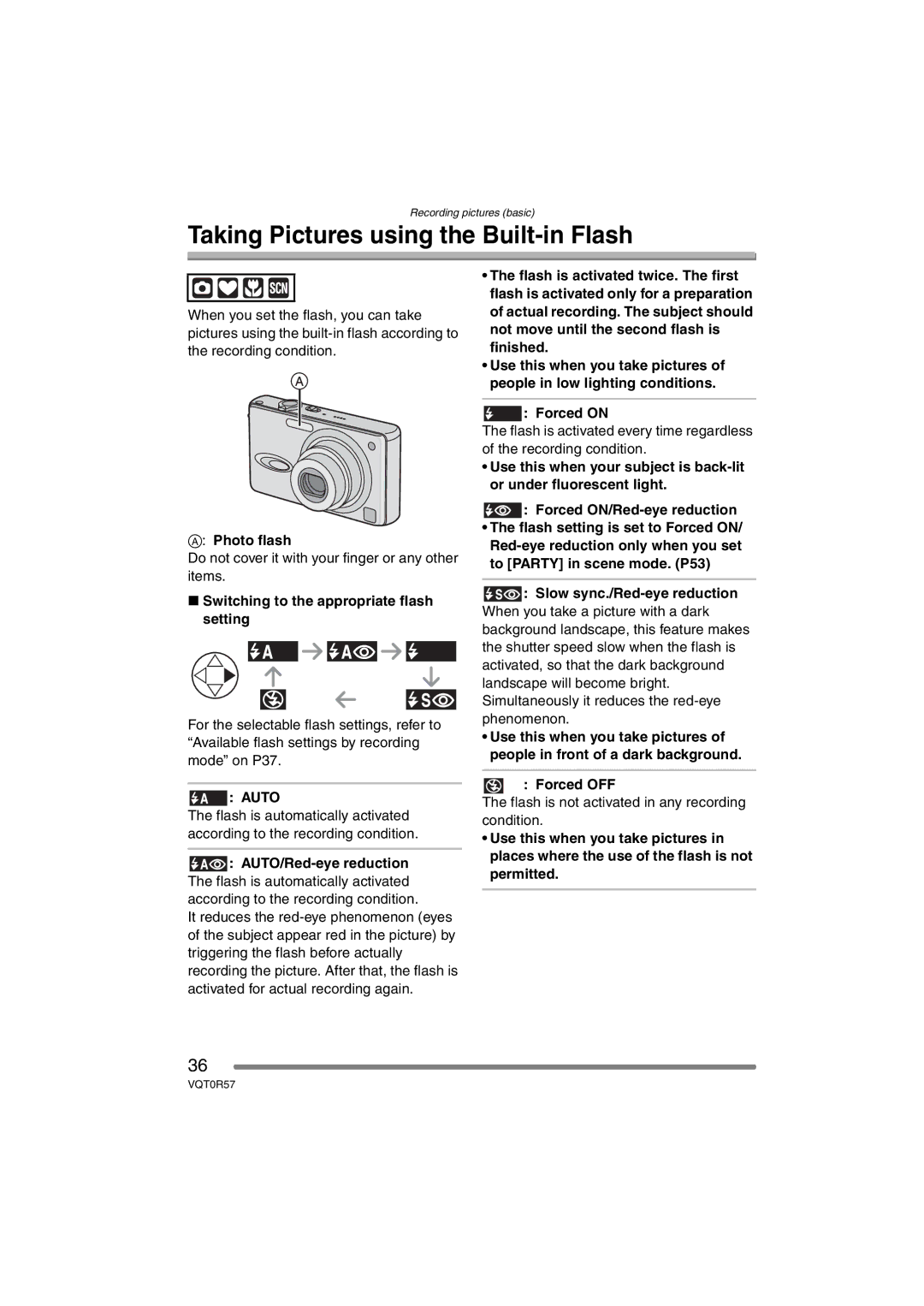 Panasonic DMC-FX8GN operating instructions Taking Pictures using the Built-in Flash 