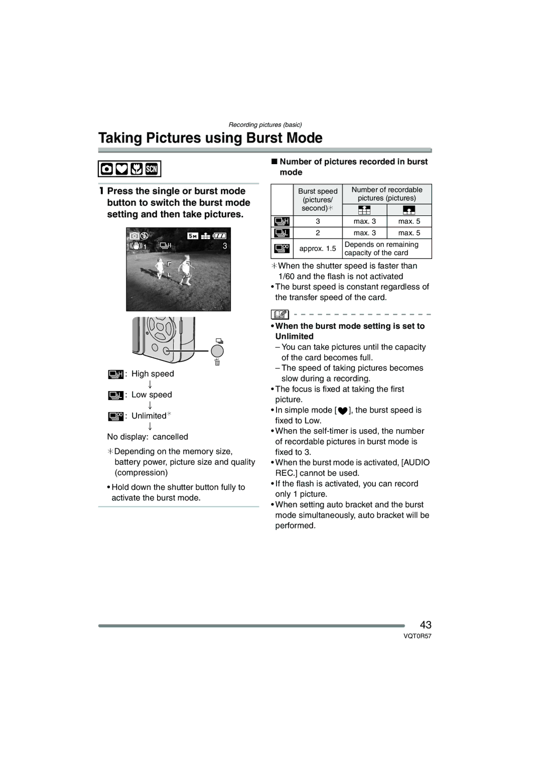 Panasonic DMC-FX8GN operating instructions Taking Pictures using Burst Mode, Number of pictures recorded in burst mode 