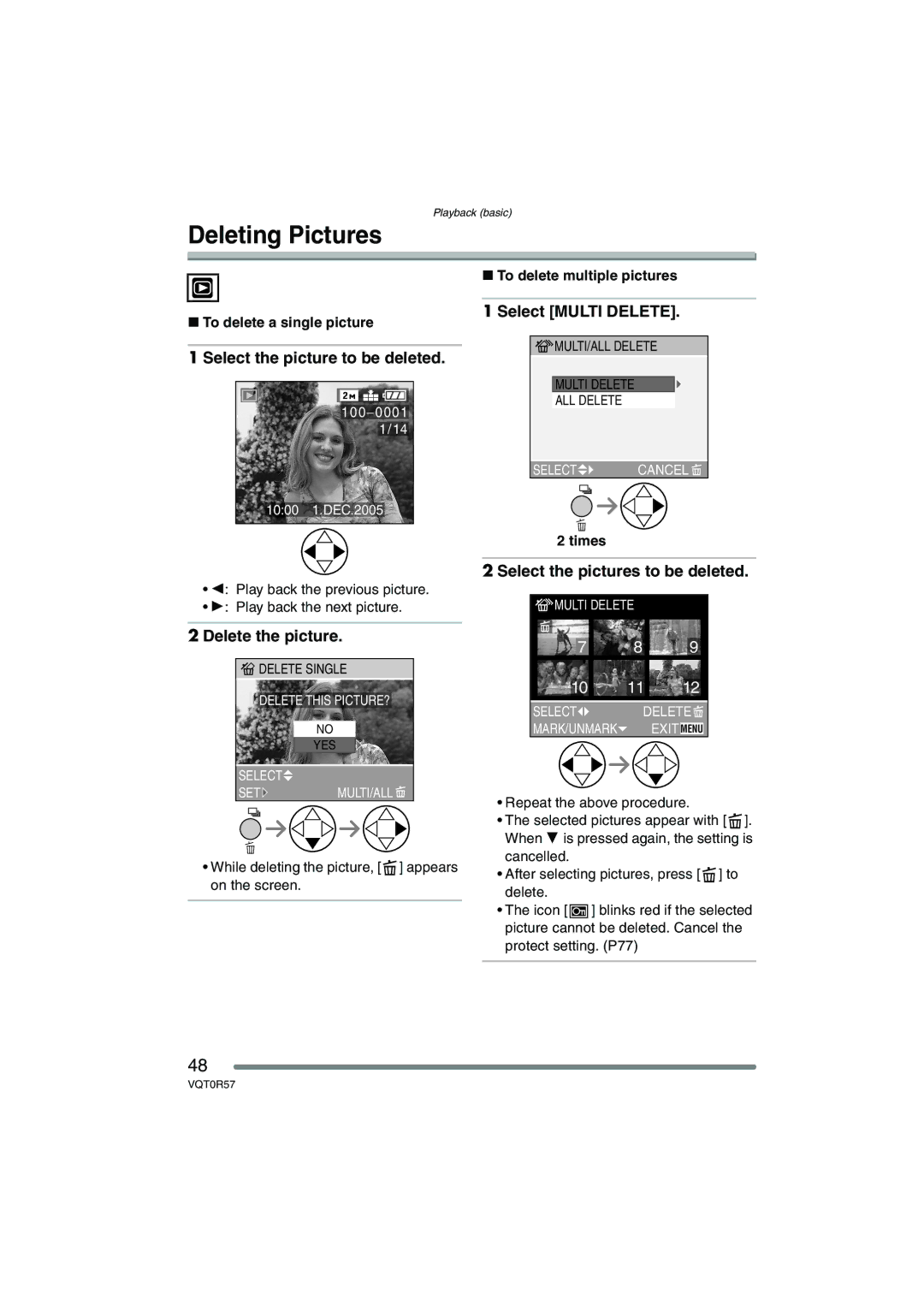 Panasonic DMC-FX8GN Deleting Pictures, Select the picture to be deleted, Select Multi Delete, Delete the picture 