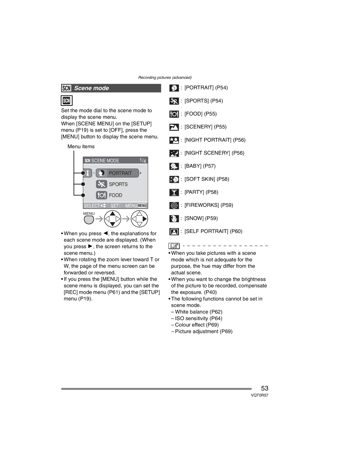 Panasonic DMC-FX8GN operating instructions Scene mode, Portrait P54 Sports P54 Food P55 Scenery P55 