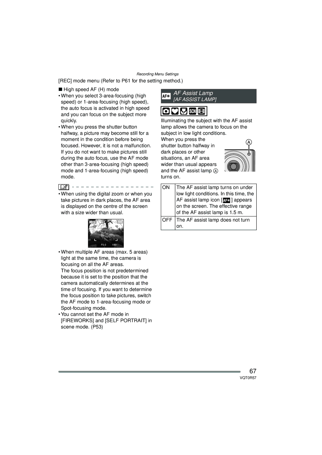 Panasonic DMC-FX8GN operating instructions AF Assist Lamp, OFF The AF assist lamp does not turn on 