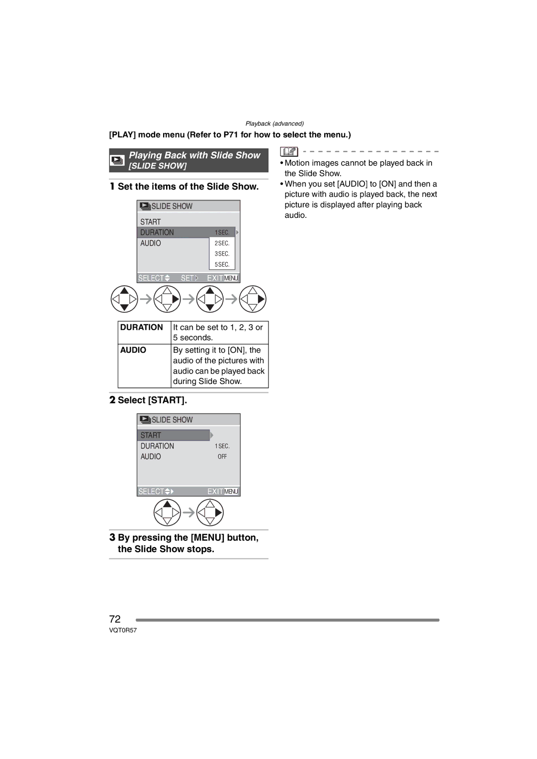 Panasonic DMC-FX8GN operating instructions Playing Back with Slide Show, Set the items of the Slide Show, Select Start 