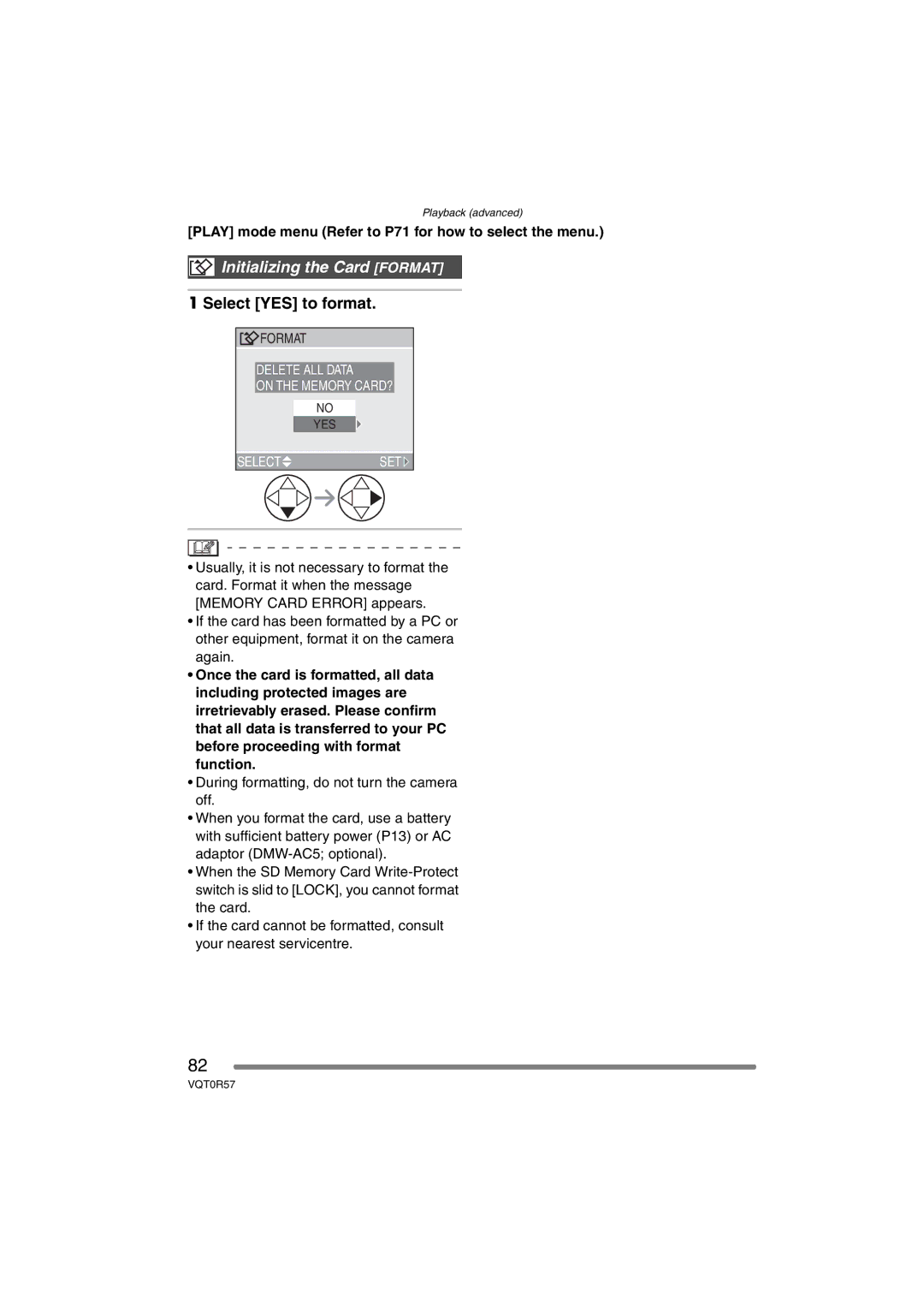 Panasonic DMC-FX8GN operating instructions Initializing the Card Format, Select YES to format 
