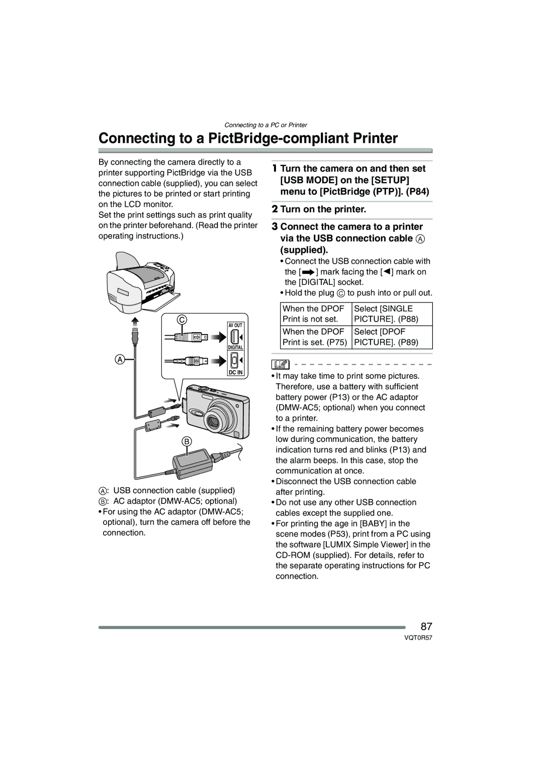 Panasonic DMC-FX8GN Connecting to a PictBridge-compliant Printer, When the Dpof Select Dpof Print is set. P75 