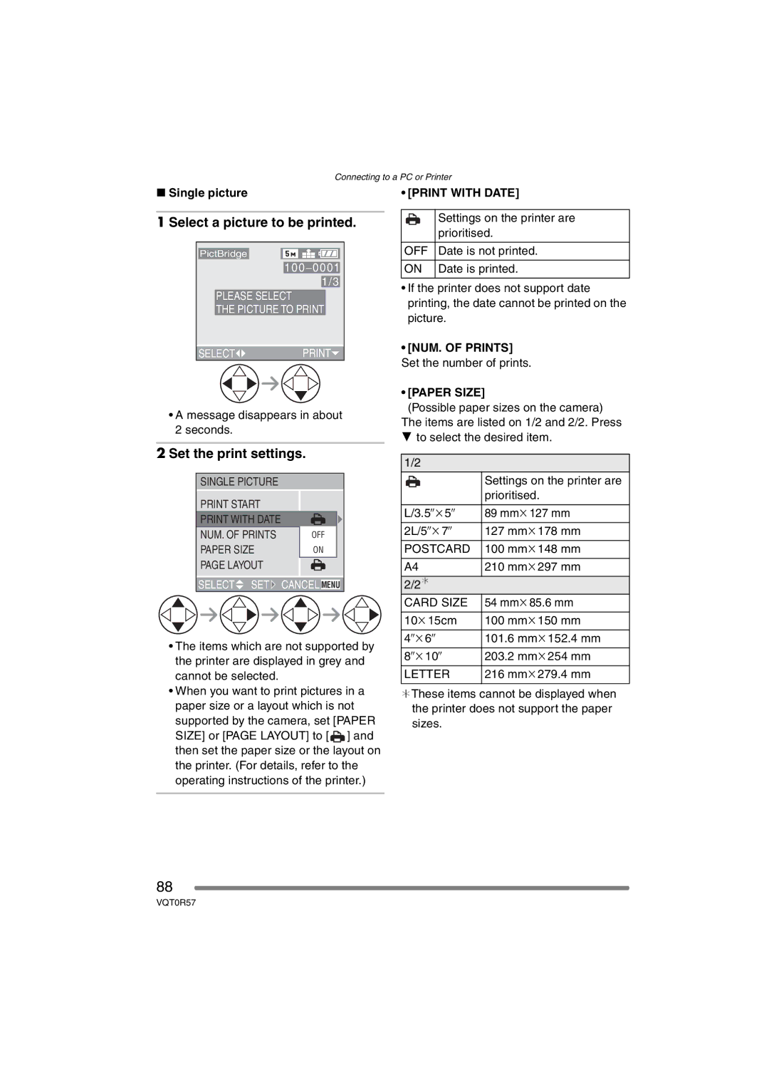 Panasonic DMC-FX8GN Select a picture to be printed, Set the print settings, Print with Date, NUM. of Prints, Paper Size 