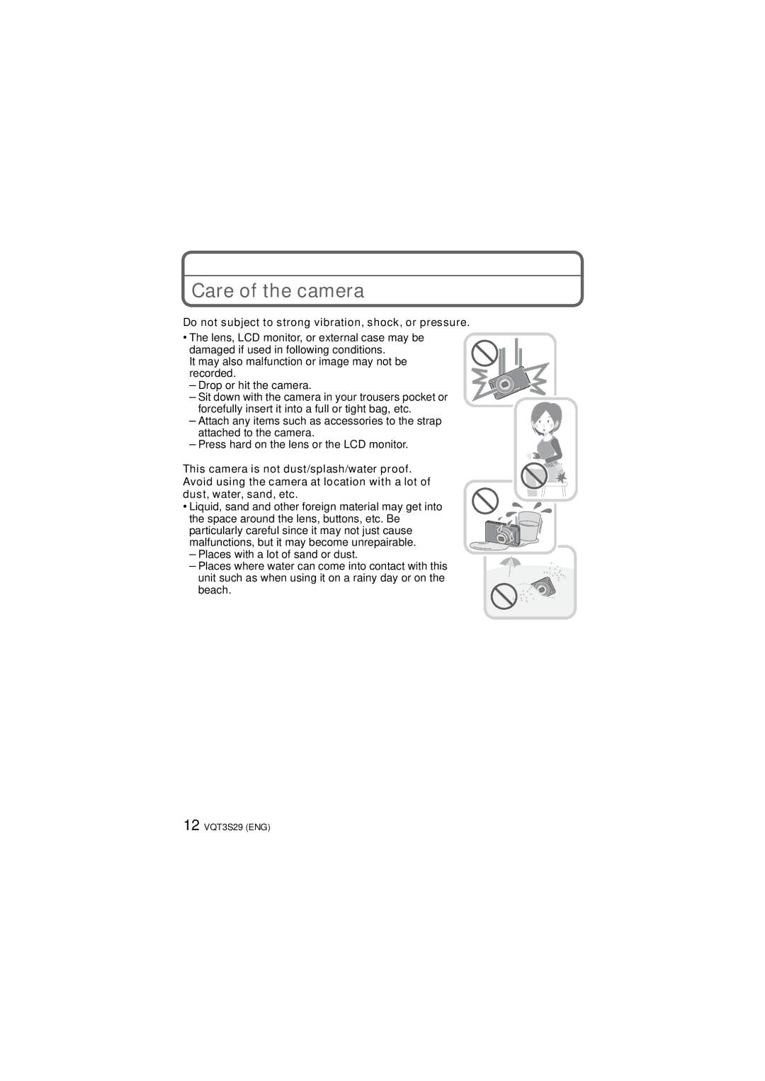 Panasonic DMC-FX90, DMCFX90K owner manual Care of the camera, Do not subject to strong vibration, shock, or pressure 