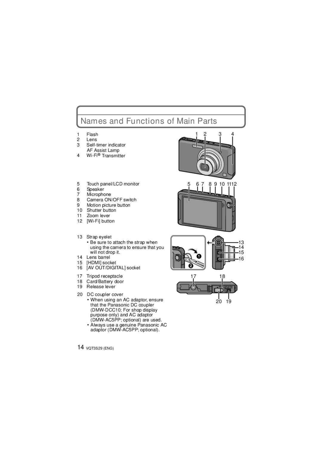 Panasonic DMC-FX90, DMCFX90K owner manual Names and Functions of Main Parts 