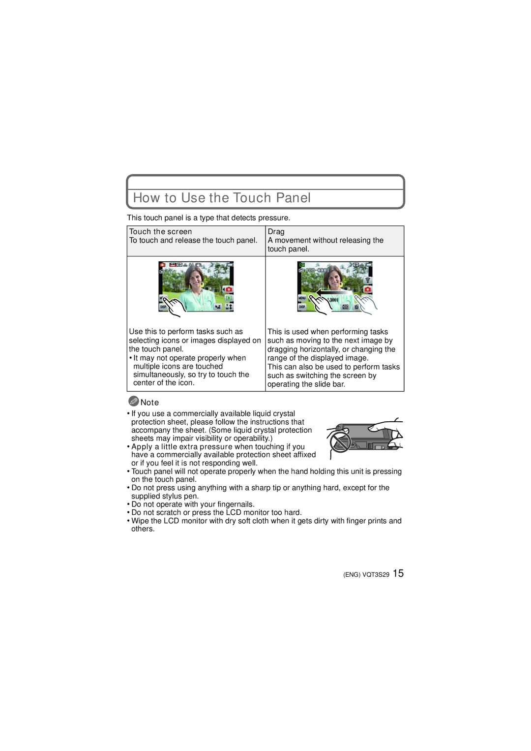 Panasonic DMCFX90K, DMC-FX90 How to Use the Touch Panel, Touch the screen Drag, Movement without releasing, Touch panel 