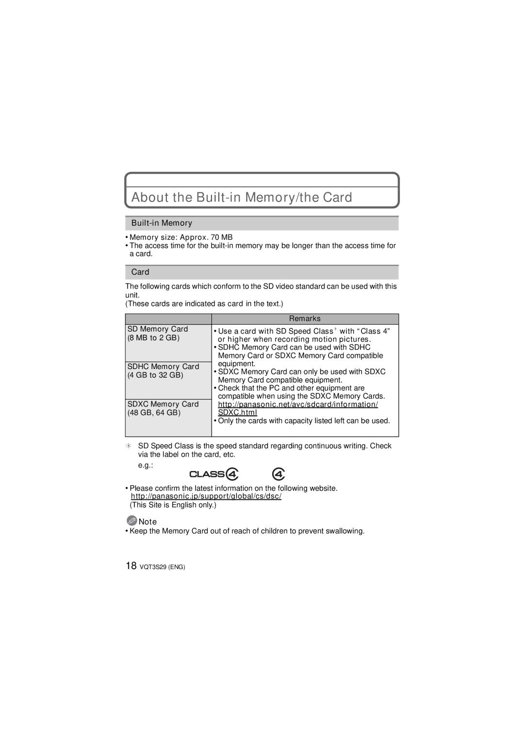 Panasonic DMC-FX90, DMCFX90K owner manual About the Built-in Memory/the Card, Memory size Approx MB, Remarks 