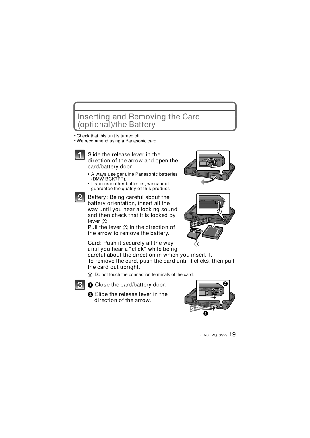 Panasonic DMCFX90K, DMC-FX90 owner manual Inserting and Removing the Card optional/the Battery 