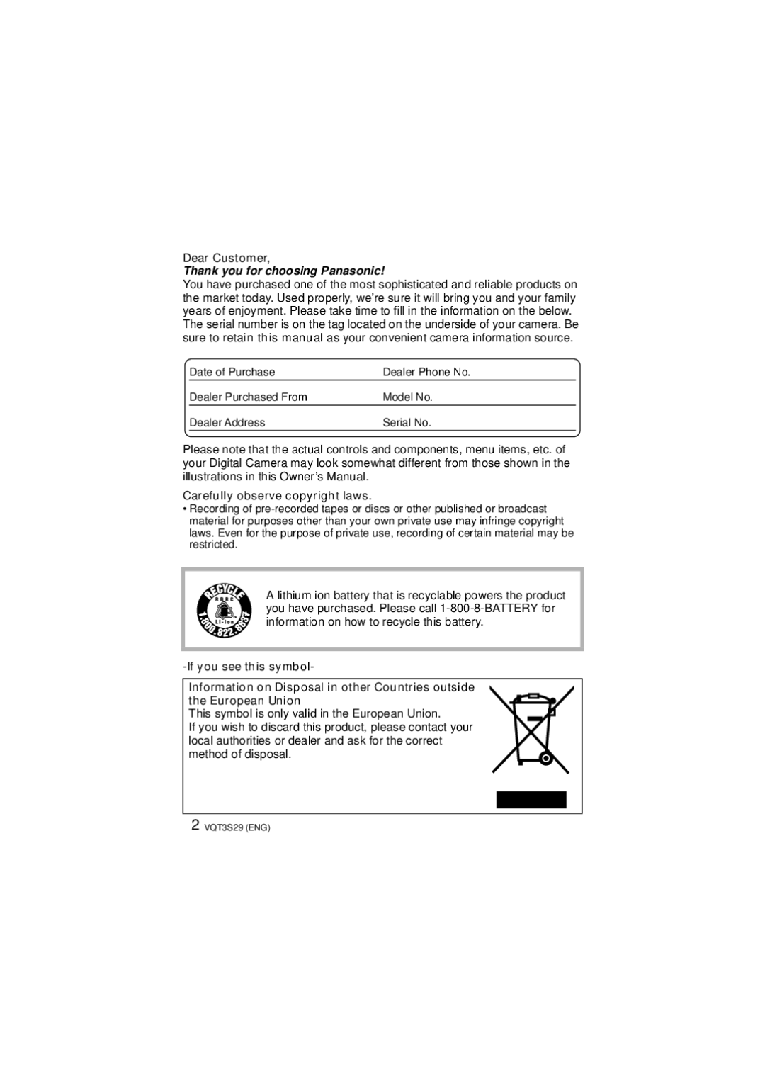 Panasonic DMC-FX90, DMCFX90K owner manual Dear Customer, Carefully observe copyright laws 