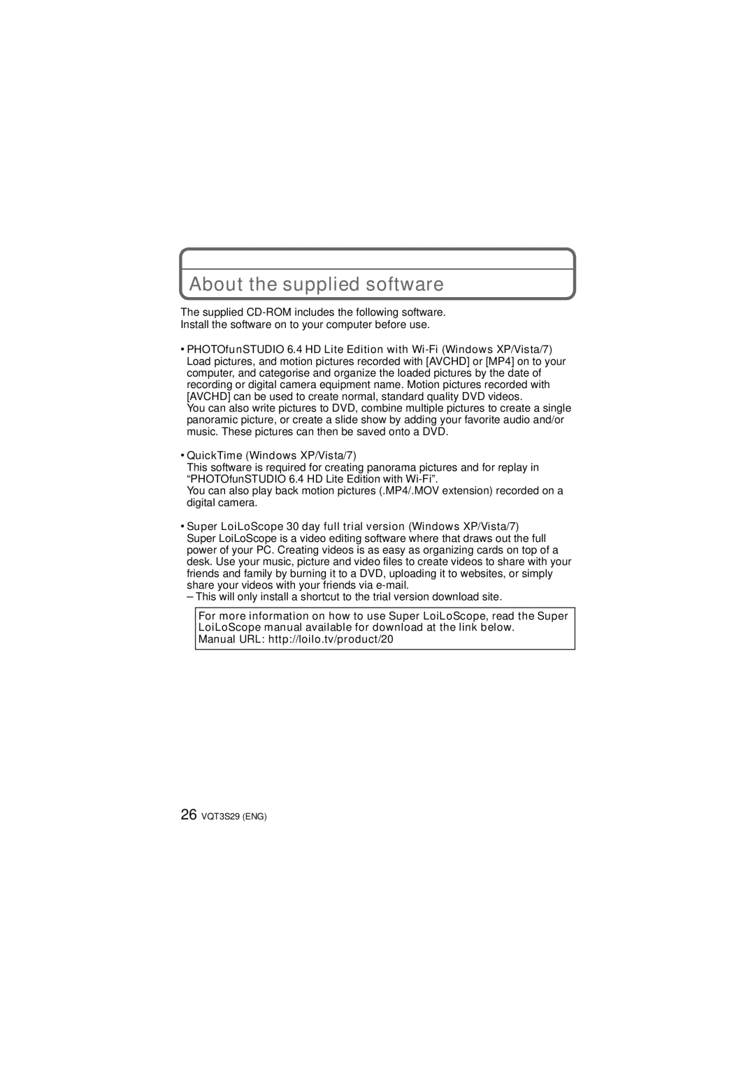 Panasonic DMC-FX90, DMCFX90K owner manual About the supplied software, QuickTime Windows XP/Vista/7 