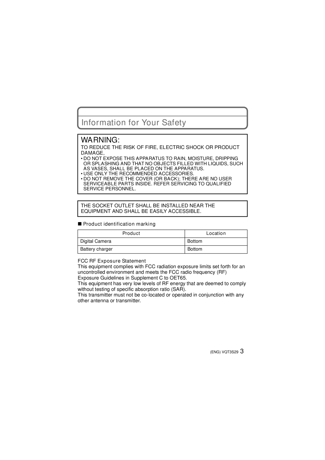 Panasonic DMCFX90K, DMC-FX90 Information for Your Safety, Product identification marking, FCC RF Exposure Statement 