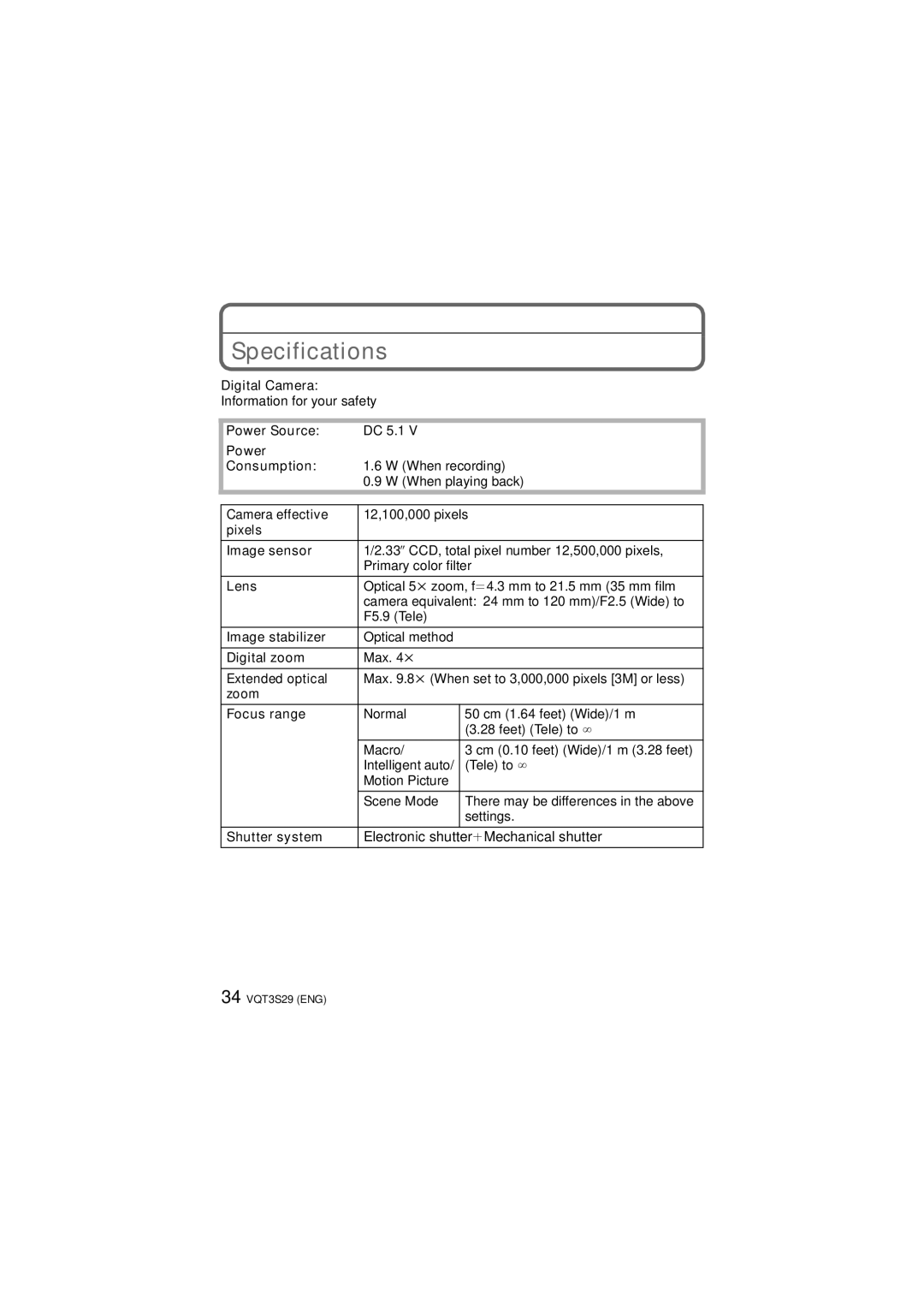 Panasonic DMC-FX90, DMCFX90K owner manual Specifications 