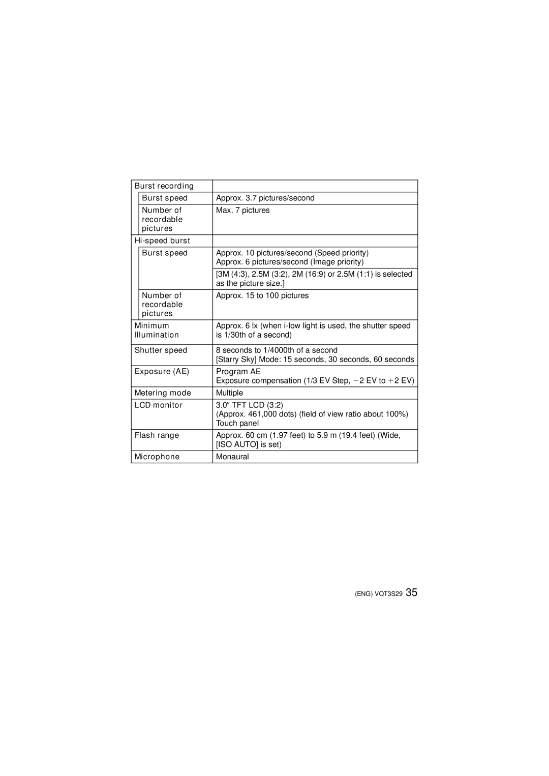 Panasonic DMCFX90K, DMC-FX90 owner manual As the picture size, Number Approx to 100 pictures Recordable Pictures Minimum 