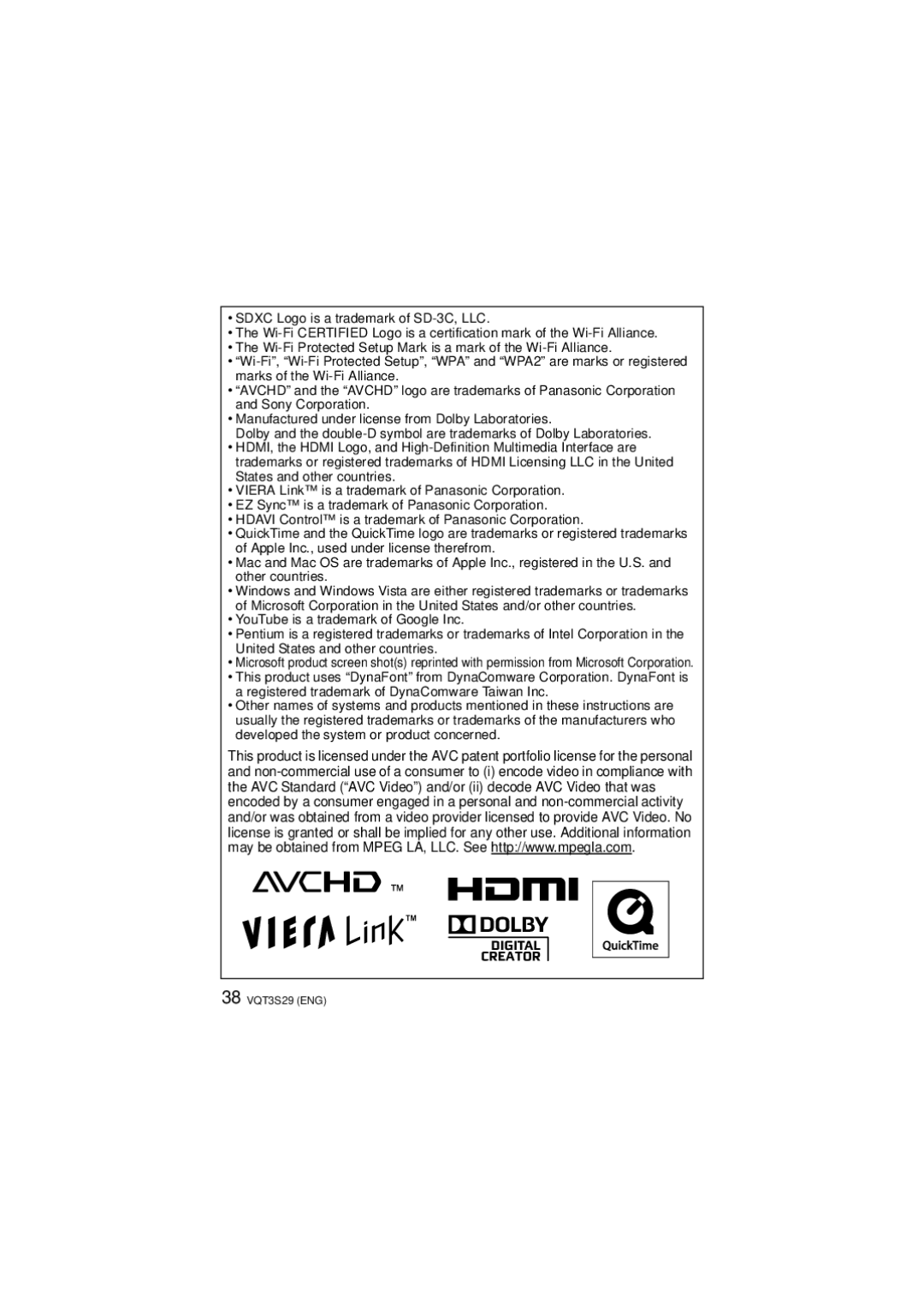 Panasonic DMC-FX90, DMCFX90K owner manual 38 VQT3S29 ENG 