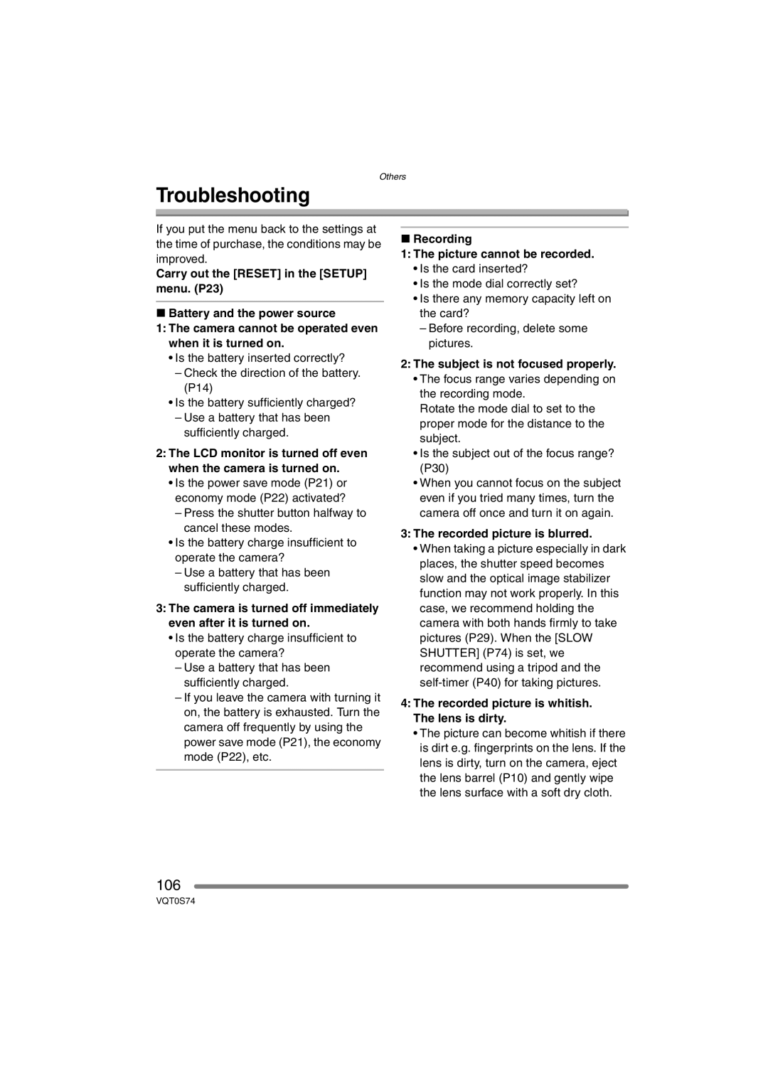 Panasonic DMC-FX9GN Troubleshooting, Recording Picture cannot be recorded, Subject is not focused properly 