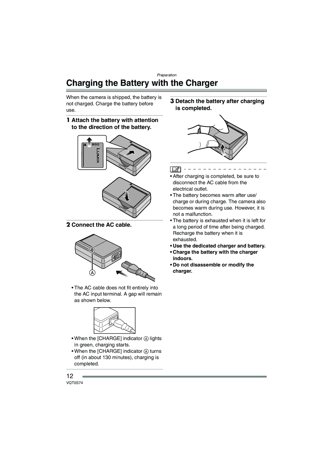 Panasonic DMC-FX9GN Charging the Battery with the Charger, Detach the battery after charging, Is completed, Use 