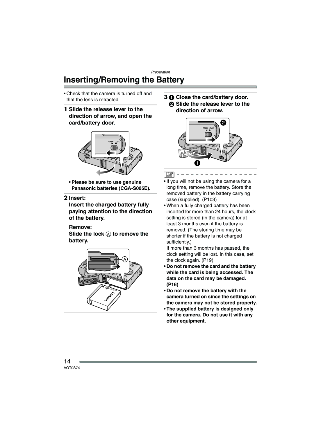 Panasonic DMC-FX9GN operating instructions Inserting/Removing the Battery 