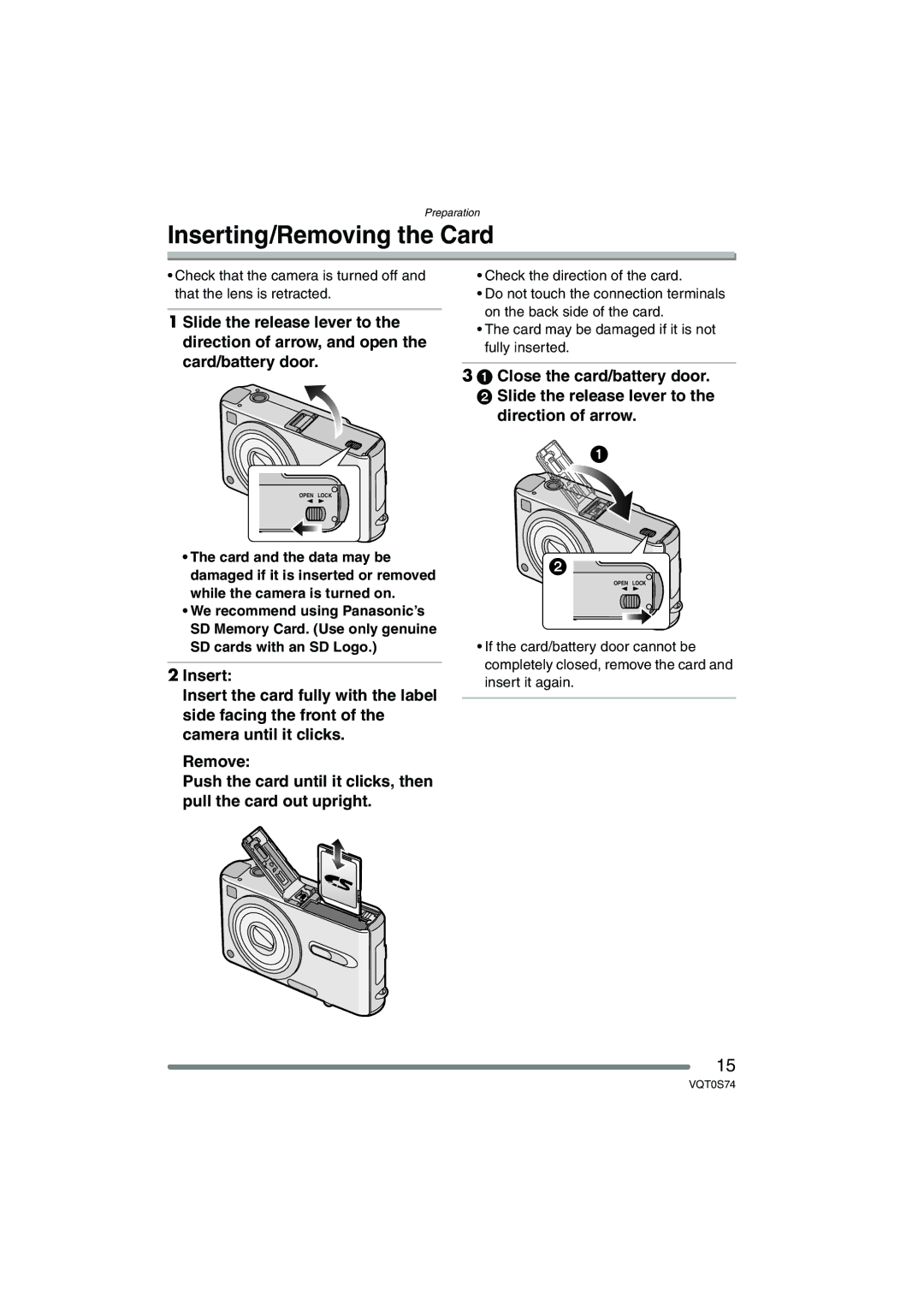 Panasonic DMC-FX9GN operating instructions Inserting/Removing the Card 