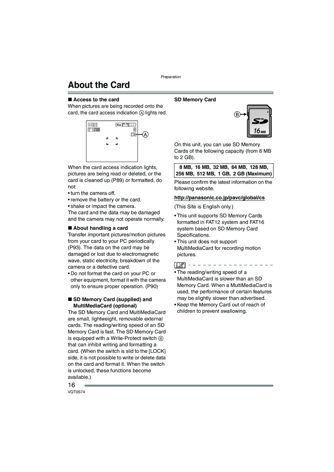 Panasonic DMC-FX9GN About the Card, Access to the card, About handling a card, Http//panasonic.co.jp/pavc/global/cs 