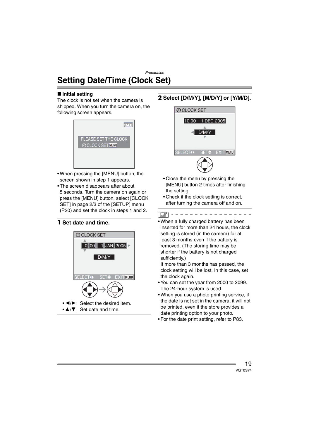 Panasonic DMC-FX9GN Setting Date/Time Clock Set, Select D/M/Y, M/D/Y or Y/M/D, Set date and time, Initial setting 