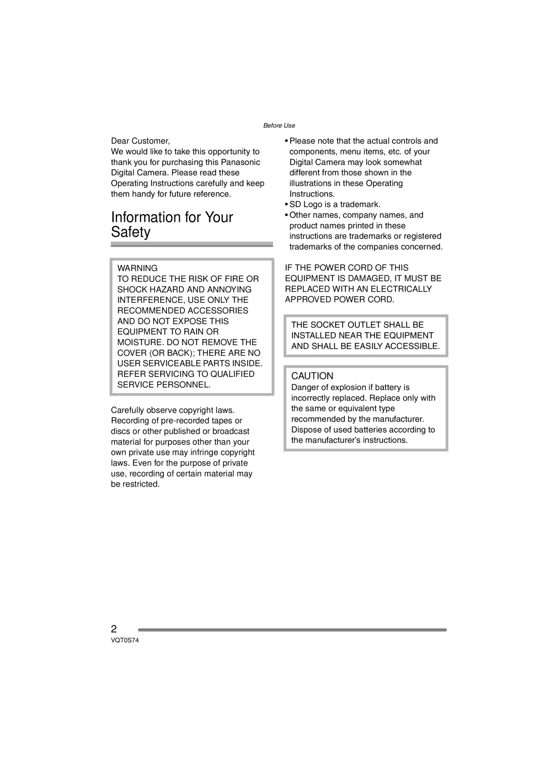 Panasonic DMC-FX9GN operating instructions Information for Your Safety, Dear Customer 