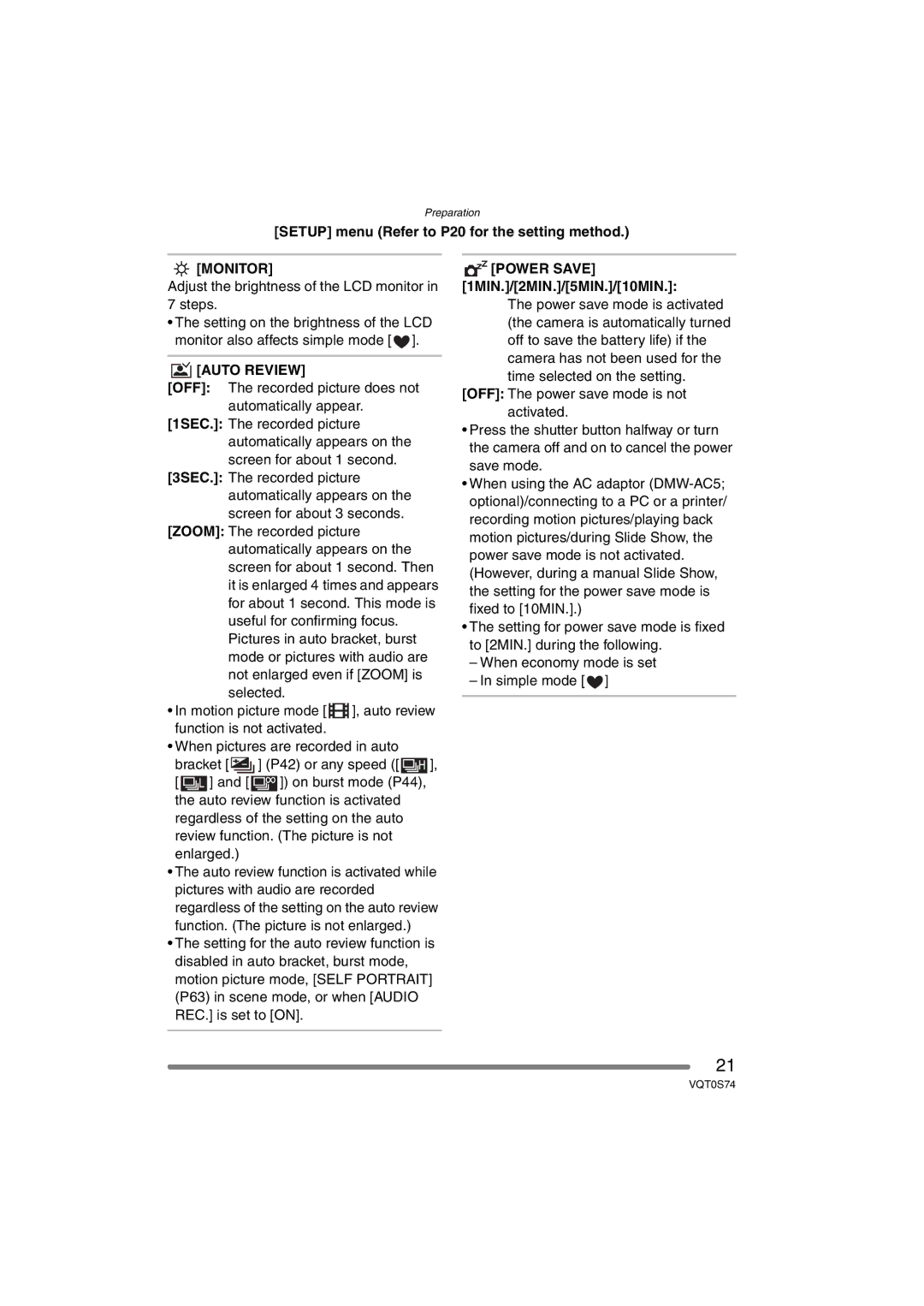 Panasonic DMC-FX9GN operating instructions Setup menu Refer to P20 for the setting method, Monitor, Auto Review 