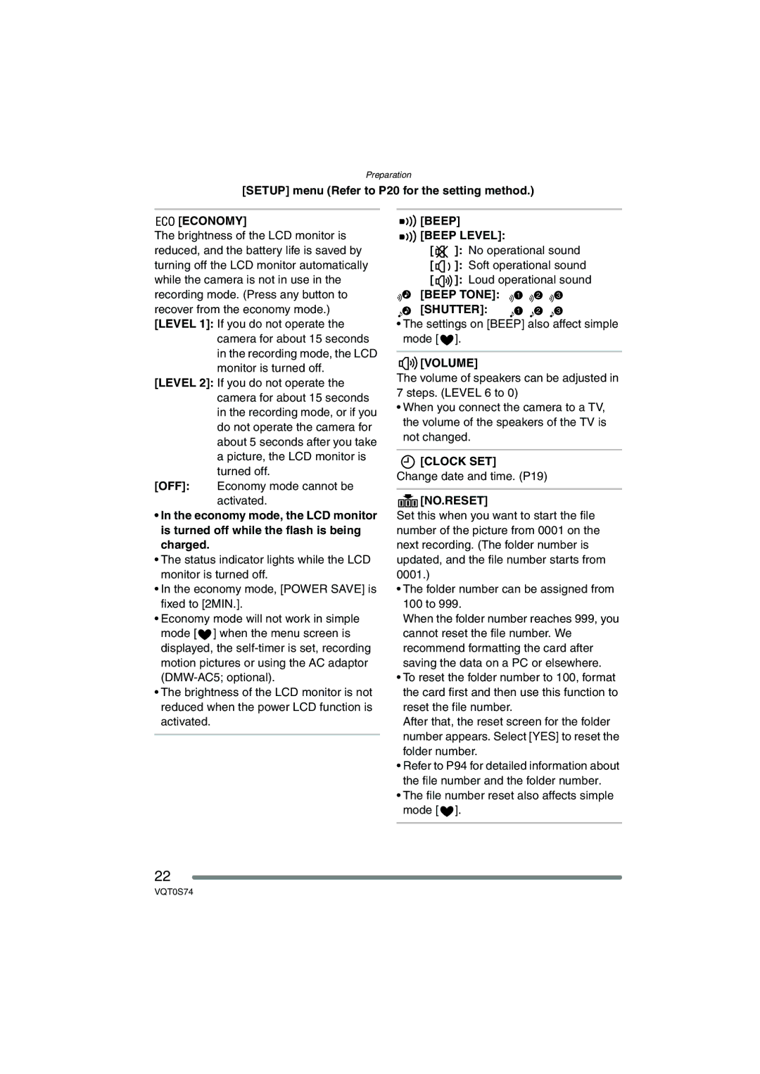 Panasonic DMC-FX9GN operating instructions Economy, Beep Beep Level, Beep Tone Shutter, Volume, Clock SET, No.Reset 